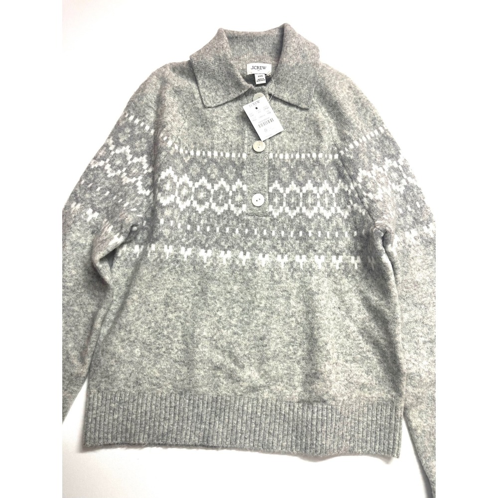 J Crew Fair Isle Sweater Womens XXS Gray White Wool Blend Button Collar CP343